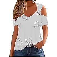 Womens Short Sleeve Cold Shoulder Striped Heart Polka Dot Shirts Tee Tops V Neck Cut Out Shoulder Blouse Tshirts