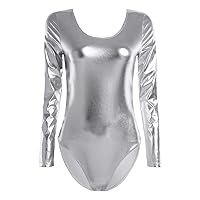 ACSUSS Womens Shiny Leather Long Sleeve Scoop Neck Gymnastic Dance Bodysuit Leotard Tops Clubwear