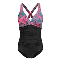 F FLYRONG Swimming Costume Women Ruched Tummy Control Swimwear V Neck One Piece Cross Strap Swimsuit