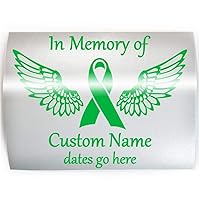 LIVER CANCER MEMORIAL Green Ribbon with Wings - ADD YOUR CUSTOM WORDS, COLOR & SIZE - In Memory of Vinyl Decal Sticker F