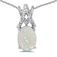 14k White Gold Oval Opal And Diamond Pendant with 18