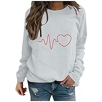 Long Sleeve Valentines Shirts for Women Love Heart Heartbeat Print Pullover Shirts Casual Crewneck Graphic Sweatshirt Tops
