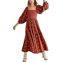 Women Bohemian Embroidered Floral Dress 2024 Casual Puff Long Sleeve Maxi Dresses Boho Flowy Ruffle Spring Midi Dress