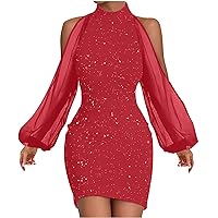 Women's Sexy Sequin Party Dress Mesh Puff Long Sleeve Mini Bodycon Dress High Neck Glitter Club Cocktail Dresses