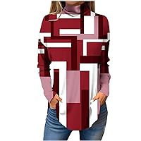 Womens Casual Mock Turtle Neck Tops Fashion Tie Dye Color Block Shirt Long Sleeve Plus Size Blouse High Neck Dressy Tops