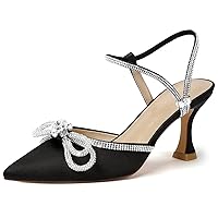 Women's Closed Toe Rhinstone Wedding Low Heel Slingback Clear Kitten Heels,Adjustable Strap Pointed Toe Bow Pumps High Heeled Prom Dress Shoes