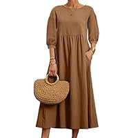 Womens Cotton Linen Midi Dress Lantern Sleeve 3/4 Sleeve Crew Neck Solid Loose A-line Dress with Pockets