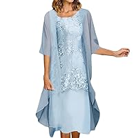 Mother of The Bride Dresses Women Mid Sleeve Lace Chiffon Elegant Wedding Guest Dress One-Piece, 01-blue
