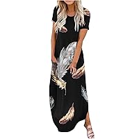 Summer Trendy Feather Marble Print Maxi Dresses for Women Crewneck Short Sleeve Split Long T-Shirt Dress with Pockets
