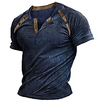 Mens Vintage Distressed Short Sleeve Henley Shirts Retro Slim Fit Button Up Tee Shirts Workout Active Sports Hiking T-Shirts