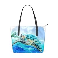 Women Tote Handbag Sea Turtle Watercolor PU Leather Top-Handle Shoulder Bag
