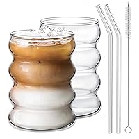 2 Pcs Drinking Glasses with Glass Straw 14oz Glassware Set,Cocktail Glasses,Iced Coffee Glasses,Beer Glasses,Ideal for Water,Soda,Tea,Gift - with Cleaning Brushe