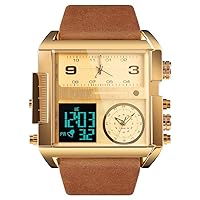 Gosasa Men Square Large Face Digital Sports Watch,LED Analog Quartz Wrist Watch with Multi-Time Zone 50M Waterproof Stopwatch