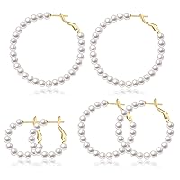 CERSLIMO Pearl Hoop Earrings for Women - 3 Pairs 14K Gold Plated Pearl Hoop Earrings Set, S925 Sterling Silver Post Big Large Hoops 4mm Pearl Earrings Jewelry Gifts 20/30/40/50mm