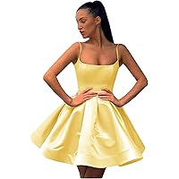 Homecoming Dresses Women's Spaghetti Strap Short Satin A-line Pleated Prom Gown with Pockets