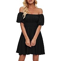 Puffy Sleeves Dress for Women, Women's One Line Neckline Bubble Short Sleeved Temperament Pleated High, S XL