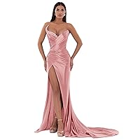 Satin Mermaid Prom Dresses for Women Pleated Strapless with Hight Slit Beaded Formal Evening Gowns R064