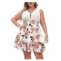 Women Plus Size Summer Dresses 2022 Floral Print Tie Front Shirred Waist Ruffle Hem A-Line Dress (Color : Multicolor, Size : Large)
