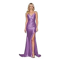 Mermaid Prom Dresses Long V-Neck Spaghetti Strap Bridesmaid Dress Satin Slit Formal Evening Party Gown