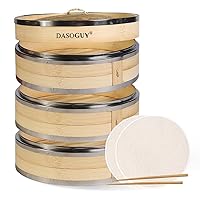 8.2 Inch Handmade Bamboo Steamer with Whole Metal Rings, 3 Tiers Steam Basket for Dumpling Dim Sum Bun Rice Chinese Food, Includes 1 Set of Chopsticks & 3 Cotton Liners
