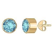 Solid 14K Yellow Gold Over 925 Sterling Silver Solitaire Birthstone Gemstone Stud Earrings for Women March
