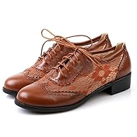 Women's Mid-Heel Lacework Perforated Lace-up Wingtip Oxford Shoes Faux Leather Vintage Oxfords Shoes Brogues