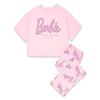 Barbie Womens Pyjama Set in Pink | Ladies Cropped Short Sleeve Graphic Tee & Long Leg Print Bottoms PJs | Classic Logo Style