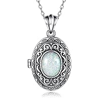 MANBU Sterling Silver Locket Necklace for Women: Oval-Shaped Opal Heart Locket Pendant Holds Pictures Always with You Vintage Style Photos Locket Jewelry Gifts for Loved One
