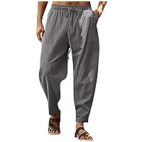 Mens Linen Pants Big and Tall Elastic Waist Harem Pants Drawstring Beach Pants Men Jogger Yoga Work Pants Trousers