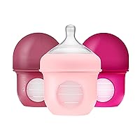 Nursh Reusable Silicone Baby Bottles with Collapsible Silicone Pouch Design - Everyday Baby Essentials - Stage 1 Slow Flow Baby Bottles - Pink - 4 Oz - 3 Count