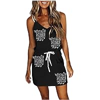 2021 Women Casual V-Neck Sleeveless Bandage Pocktes Printing Loose Vest Sling Dress?A?