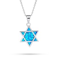 Hanukkah Magen Judaic Blue Created Opal Inlay Star Of David Pendant Necklace For Bat Mitzvah For Women Teens .925 Sterling Silver