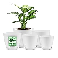 5pcs Plant Pots with Drainage - Set of 5 Plastic Planters - Indoor/Outdoor Flower Pots in 5 Sizes - Sturdy Stackable Design (White)