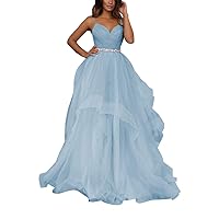 V Neck Tulle Prom Dresses Long Spaghetti Straps Ball Gown Tiered Glitter Formal Evening Dress Light Blue With Belt, Size 20