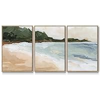 Seascape Wall Art Beach Ocean Coast Painting Modern Coastal Artwork Home Décor Canvas Prints Wall Decorations for Living Room and Bathroom-Natural Floater Frame-16”x24”x3 Panels LS010