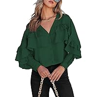 Dokotoo Womens Ruffle Button Down Shirts V Neck Long Sleeve Casual Loose Blouses Tops
