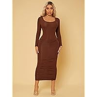 Dresses for Women Scoop Neck Bodycon Dress (Color : Coffee Brown, Size : Medium)