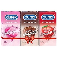 Durex Extra Thin Flavoured Condoms, 10s, Pack of 3 (Bubblegum + Chocolate + Strawberry)