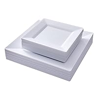 60 Pack White Plastic Plates - 30pcs Dinner Plates 9.5 Inch and 30pcs Square Disposable Dessert/Salad Plates 6.5 Inch - Fancy Disposable Plates Perfect for Wedding Birthday Party