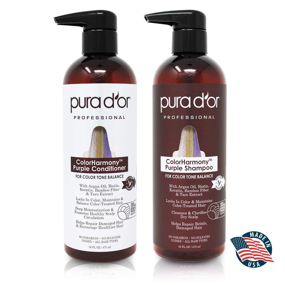 PURA D'OR Purple Shampoo & Conditioner (16oz x 2) ColorHarmony Biotin Set For Bleached, Blonde, Silver & Color Treated Hair - Keratin, Bamboo Fiber, No Sulfates, Natural Ingredients - Men & Women