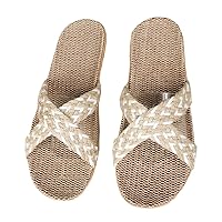 Happyyami Women Summer Linen Straw Flip- Flops Slipper Bohemia Style Flat Printed Household Slide Sandals Casual Summer Beach Shoes 1 Pair