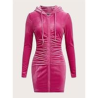 Women's Dress Zip Up Drawstring Hooded Velvet Bodycon Dress Dresses for Women (Color : Hot Pink, Size : Large)