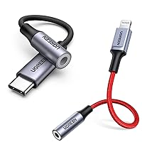 UGREEN Red Headphones Adapter for iPhone Apple MFi Certified Bundle with Braided Grey USB C to 3.5mm Audio Adapter Compatible with Galaxy S22