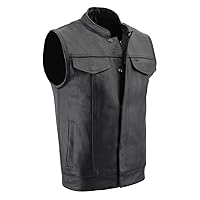 Milwaukee Leather LKM3713 Men's Black Leather Club Style Motorcycle Rider Vest W/Dual Closure Zipper and Snaps