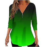 3/4 Sleeve Pleated Shirts for Women V Neck Flowy Blouse Ombre Print Hide Belly Tunic Tops 2024 Trendy Teacher Shirts