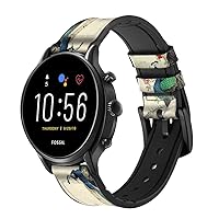 CA0226 Peacock Painting Leather & Silicone Smart Watch Band Strap for Fossil Mens Gen 5E 5 4 Sport, Hybrid Smartwatch HR Neutra, Collider, Womens Gen 5 Size (22mm)