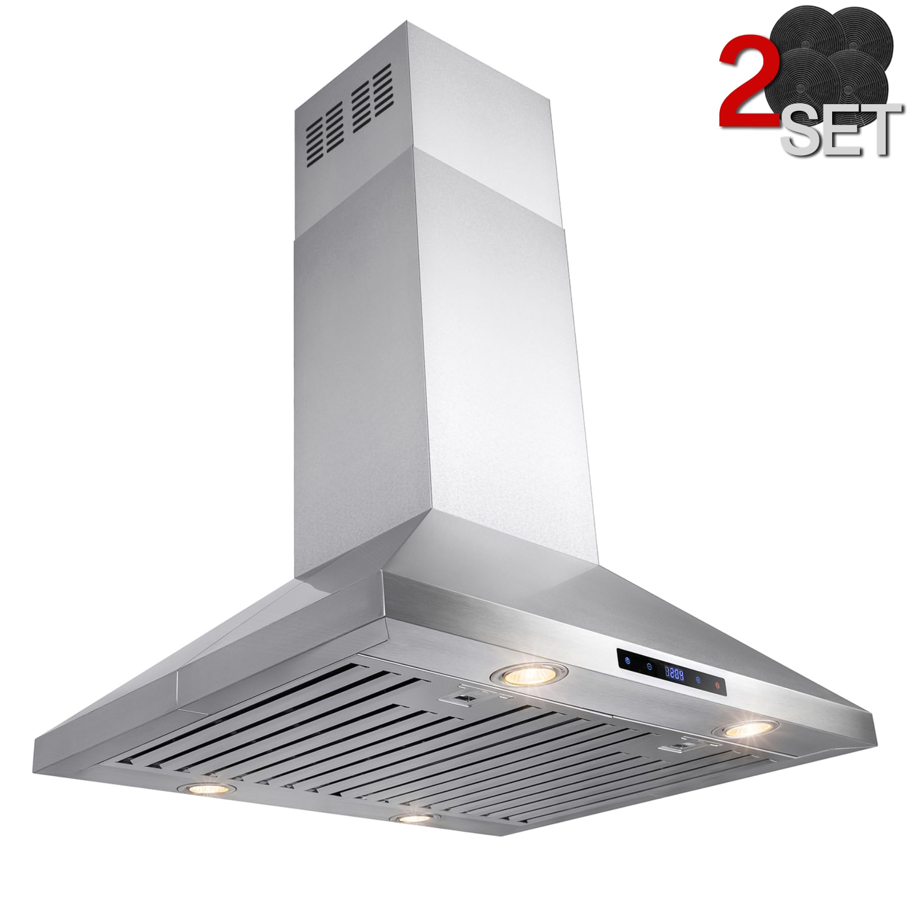 AKDY 30 in. Island Mount Range Hood, 4-Speed Fan and LED Lights in Stainless Steel, Convertible Range Hood Ducted to Ductless with 2-Sets of Carbon Filters