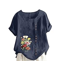 Women's Floral Print Cotton Linen Blouses Tops Dressy Casual Short Sleeve Tshirts Summer Loose Lightweight Button Down Shirt
