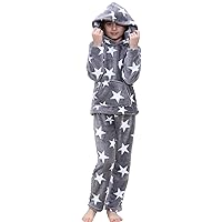 Girls Stars Print Extra Soft Loungewear Fashion Flannel Fleece Grey Hooded PJS Outfit Sets Age 5-13 Years
