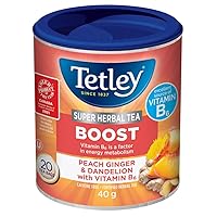 Tetley Super Herbal Tea Boost: Peach Ginger & Dandelion with Vitamin B6 - 20ct Imported from Canada